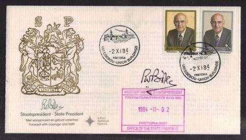 RSA 1984 PRESIDENT PW BOTHA OFFICIAL FDC 4.9aS SIGNED BY HIM WITH CACHET AND UNION BUILDINGS D/S