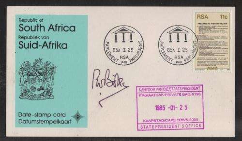 RSA 1985 PARLIAMENT DATE STAMP CARD SIGNED BY STATE PRESIDENT PW BOTHA WITH CACHET