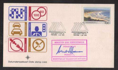RSA 1984 ROAD SAFETY DATE STAMP CARD SIGNED BY MINISTER TRANSPORT HENDRICK SCHOEMAN WITH CACHET