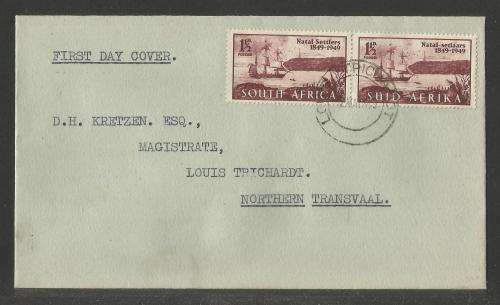 UNION SA 1949 ARRIVAL BRITISH SETTLERS PAIR ON PRIVATE FDC ADDRESSED TO LOUIS TRICHARDT