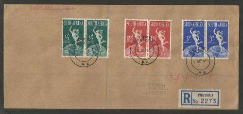 UNION SA 1949 75TH ANNIV UPU SET OF 3 PAIRS ON REG PRIVATE FDC