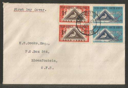 UNION SA 1953 CENTENARY CAPE TRIANGULAR SET OF PAIRS ON PRIVATE FDC