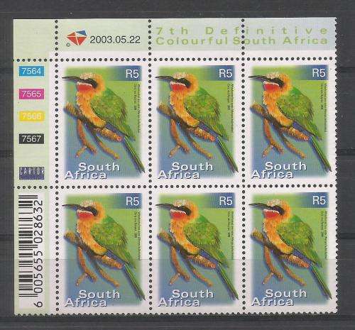 RSA 2003 7TH DEFINITIVE R5 BIRDS MNH CONTROL BLOCK 7564 OF 6 DATED 2003/05/22