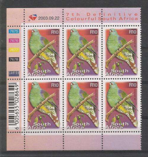 RSA 2003 7TH DEFINITIVE R10 BIRDS MNH CONTROL BLOCK 7675 OF 6 DATED 2003/09/22