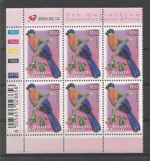RSA 2004 7TH DEFINITIVE R20 BIRDS MNH CONTROL BLOCK 7803 OF 6 DATED 2004/05/14