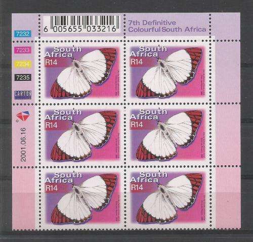 RSA 2001 7TH DEFINITIVE R14 BUTTERFLIES MNH CONTROL BLOCK 7232 OF 6 DATED 2001/06/16
