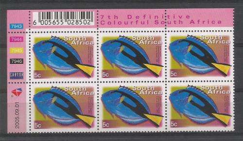 RSA 2005 7TH DEFINITIVE 5c FISHES MNH CONTROL BLOCK 7943 OF 6 DATED 2005/09/01