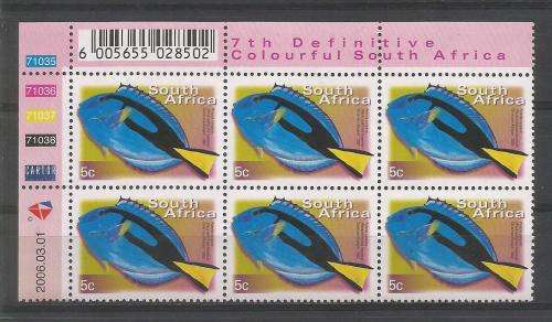 RSA 2006 7TH DEFINITIVE 5c FISHES MNH CONTROL BLOCK 71035 OF 6 DATED 2006/03/01