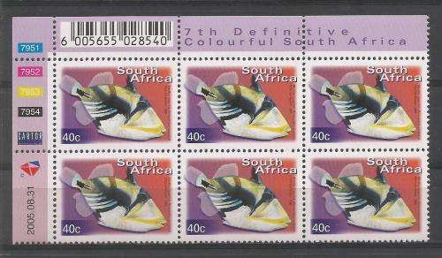 RSA 2005 7TH DEFINITIVE 40c FISHES MNH CONTROL BLOCK 7951 OF 6 DATED 2005/08/31