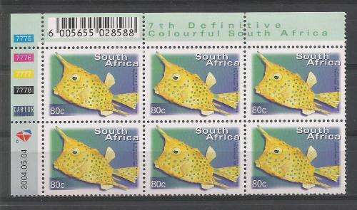 RSA 2004 7TH DEFINITIVE 80c FISHES MNH CONTROL BLOCK 7775 OF 6 DATED 2004/05/04