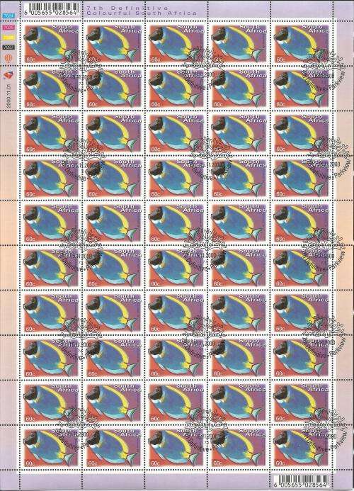 RSA 2000 7TH DEFINITIVE FISHES 60c USED (CTO) FULL SHEET 7024 DATED 20001101
