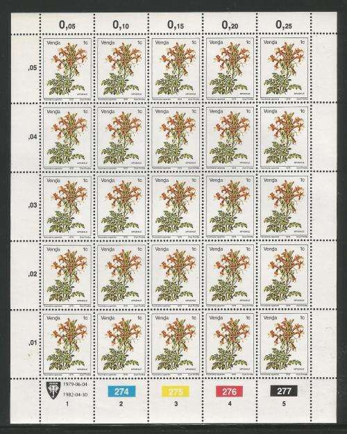 VENDA 1982 1ST DEFINITIVE 1c MNH FULL SHEET 274-277 OF 25 DATED 1982/04/30
