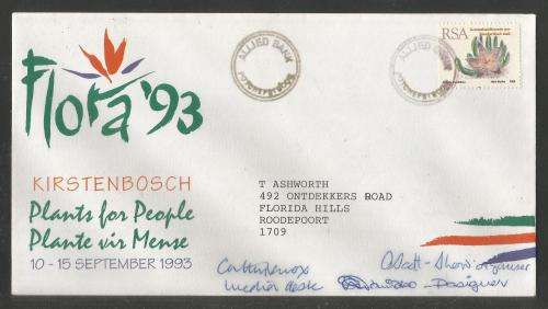 RSA 1993 KIRSTENBOSCH FLORA 93 COM COVER SIGNED BY ORGANISER AND DESIGNER AND MEDIA DESK