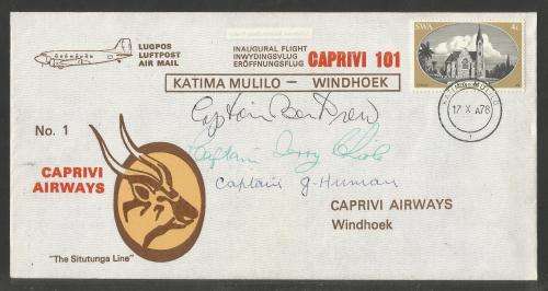 AVIATION 1978 CAPRIVI AIRWAYS FLIGHT COVER #1 - KATIMA MULILO TO WINDHOEK WITH DAKOTA SIGNED BY 3