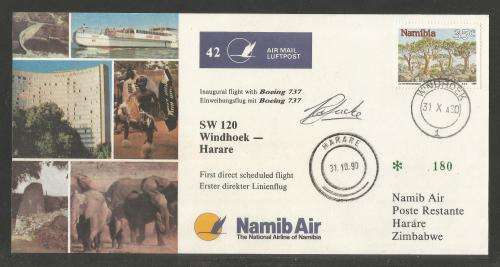 AVIATION 1990 NAMIB AIR SIGNED FLIGHT COVER #42 WINDHOEK - HARARE