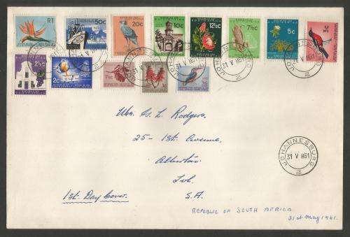 RSA 1961 1ST DEFINITIVE SET OF 13 ON PRIVATE FDC WITH JOHANNESBURG D/S ADDRESSED TO ALBERTON