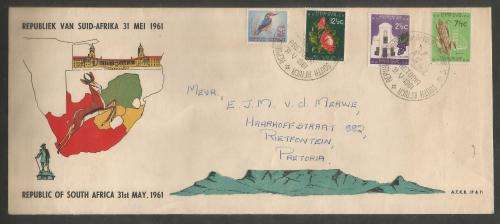 RSA 1961 1ST DEFINITIVE SHORT SET OF 4 ON PRIVATE FDC WITH OFFICIAL D/S ADDRESSED TO PRETORIA