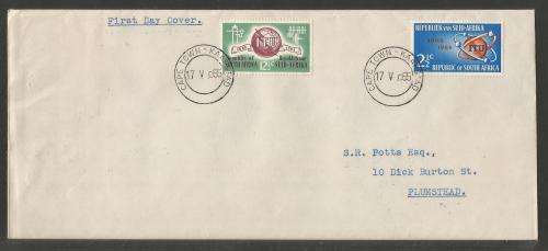 RSA 1965 ITU CENTENARY SET OF 2 ON PRIVATE FDC WITH CAPE TOWN D/S ADDRESSED TO PLUMSTEAD