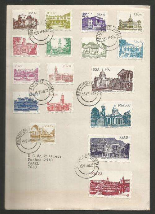 RSA 1982 4TH DEFINITIVE BUILDINGS SET OF 17 ON PRIVATE FDC WITH BEAUFORT WEST D/S ADDRESSED TO PAARL