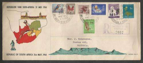 RSA 1961 1ST DEFINITIVE SHORT SET OF 7 ON REG PRIVATE FDC WITH OFFICIAL D/S ADDRESSED TO PRETORIA