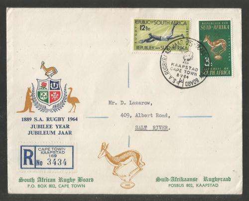 RSA 1964 SA RUGBY BOARD SET 2 ON REG PRIVATE FDC WITH OFFICIAL CT D/S ADDRESSED TO SALT RIVER