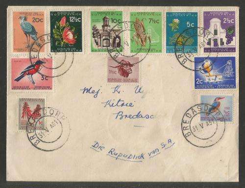 RSA 1961 1ST DEFINITIVE SHORT SET OF 11 ON PRIVATE FDC WITH BREDASDORP D/S ADDRESSED TO BREDASDORP