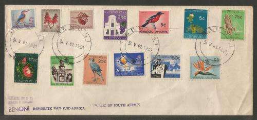 RSA 1961 1ST DEFINITIVE SET OF 13 ON PRIVATE FDC WITH BENONI D/S ADDRESSED TO BENONI