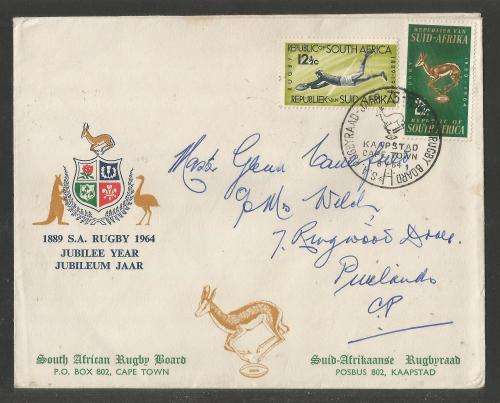 RSA 1964 SA RUGBY BOARD SET OF 2 ON PRIVATE FDC WITH OFFICIAL CAPE TOWN D/S ADDRESSED TO PINELANDS