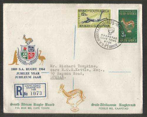 RSA 1964 75TH ANNIV SA RUGBY BOARD SET OF 2 ON PRIVATE FDC WITH OFFICIAL CT D/S ADDRESSED TO DURBAN