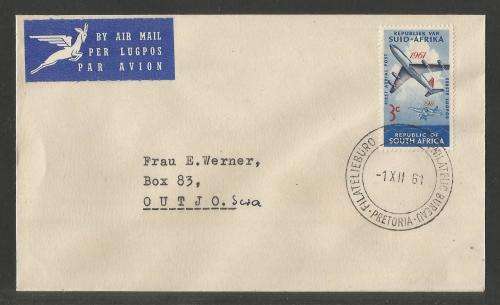 RSA 1961 50TH ANNIV 1ST SA AERIAL POST ON PRIVATE FDC WITH PHILATELIC BUREAU D/S ADDRESSED TO OUTJO