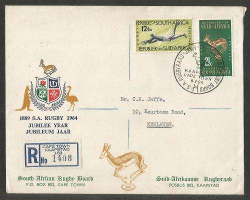 RSA 1964 75TH ANNIV SA RUGBY REG ILLUSTRATED PRIVATE FDC WITH OFFICIAL CAPE TOWN D/S TO NEWLANDS