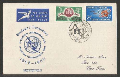 RSA 1965 Centenary ITU official First Day Card no. 1 with 3 diamonds addressed to Cape Town