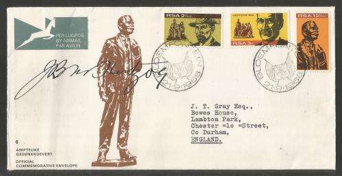 RSA 1968 JB Hertzog official FDC no. 8 addressed to England