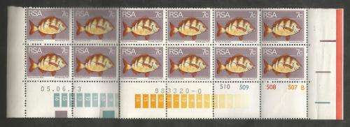RSA 1973 2ND DEFINITIVE FISHES 7c MNH EXTENDED CONTROL BLOCK B OF 20 DATED 1973/06/08
