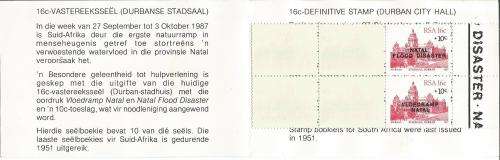 RSA 1987 Durban City Hall Natal Flood booklet attached right DISASTER NA with front D/S 1/3/88