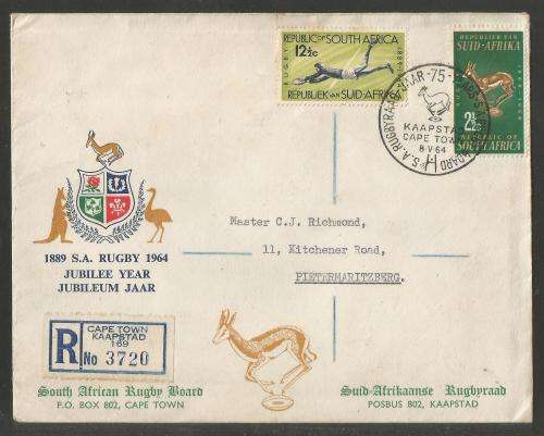 RSA 1964 75TH ANNIV SA RUGBY BOARD SET ON REG ILLUSTRATED PRIVATE FDC WITH OFFICIAL CT D/S TO PMB