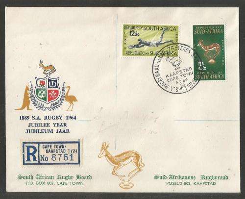 RSA 1964 75TH ANNIV SA RUGBY BOARD SET ON REG ILLUSTRATED PRIVATE FDC WITH OFFICIAL CT D/S