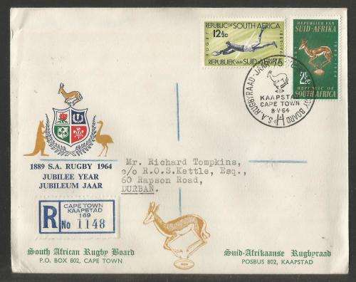 RSA 1964 75TH ANNIV SA RUGBY BOARD SET ON REG ILLUSTRATED PRIVATE FDC WITH OFFICIAL CT D/S TO DURBAN