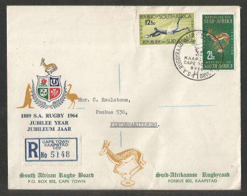 RSA 1964 75TH ANNIV SA RUGBY BOARD SET ON REG ILLUSTRATED PRIVATE FDC WITH OFFICIAL CT D/S TO PMB