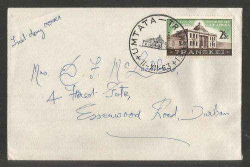 RSA 1963 TRANSKEI LEGISLATIVE ASSEMBLY PRIVATE FDC WITH OFFICIAL UMTATA D/S ADDRESSED TO DURBAN