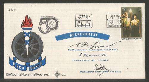 RSA 1981 VOORTREKKERS OFFICIAL FDC 3.33 SIGNED BY FORMER SP CR SWART and E VERWOERD and PW BOTHA