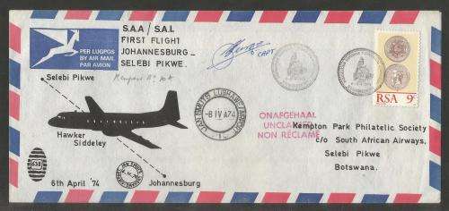 AVIATION 1974 KEMPAIR FLIGHT COVER #10A SAA 1ST FLIGHT JHB - SELEBI PIKWE SIGNED CAPTAIN