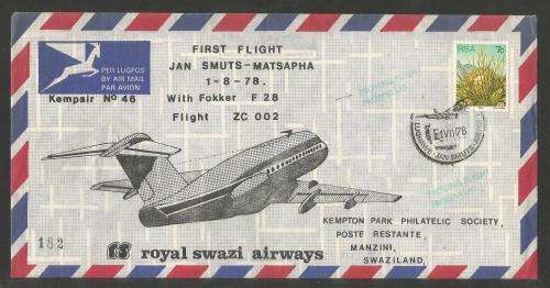 AVIATION 1978 KEMPAIR FLIGHT COVER #46 ROYAL SWAZI AIRWAYS 1ST FLIGHT FOKKER JAN SMUTS - MATSAPHA