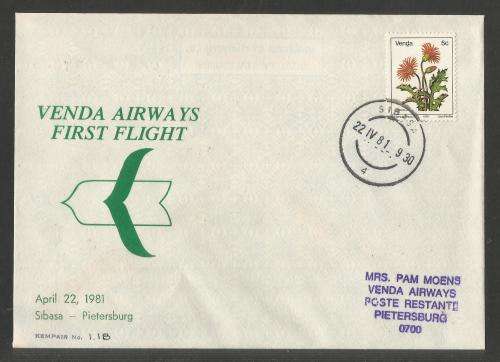 AVIATION 1981 KEMPAIR FLIGHT COVER #1.18 VENDA AIRWAYS 1ST FLIGHT SIBASA - PIETERSBURG