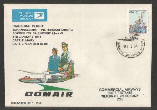 AVIATION 1984 KEMPAIR FLIGHT COVER #1.54 COMAIR 1ST FLIGHT FOKKER F27 JHB - PMB