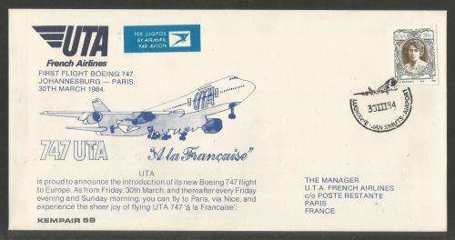 AVIATION 1984 KEMPAIR FLIGHT COVER # 1.59 UTA 1ST FLIGHT BOEING 747 JHB - PARIS