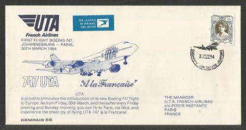 AVIATION 1984 KEMPAIR FLIGHT COVER # 1.59 UTA 1ST FLIGHT BOEING 747 JHB - PARIS