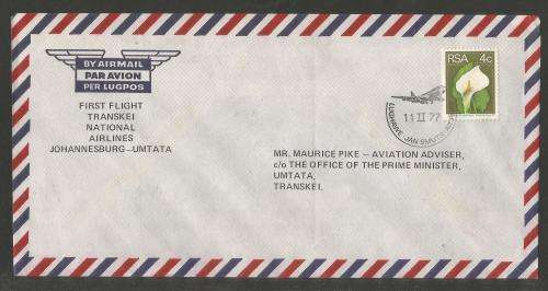 AVIATION 1977 TRANSKEI NATIONAL AIRLINES FLIGHT COVER 1ST FLIGHT JHB - UMTATA