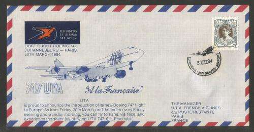 AVIATION 1984 UTA FLIGHT COVER 1ST FLIGHT BOEING 747 JHB - PARIS