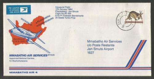 AVIATION 1984 MMABATHO AIR SERVICES FLIGHT COVER #4 1ST FLIGHT PILANESBERG - JAN SMUTS
